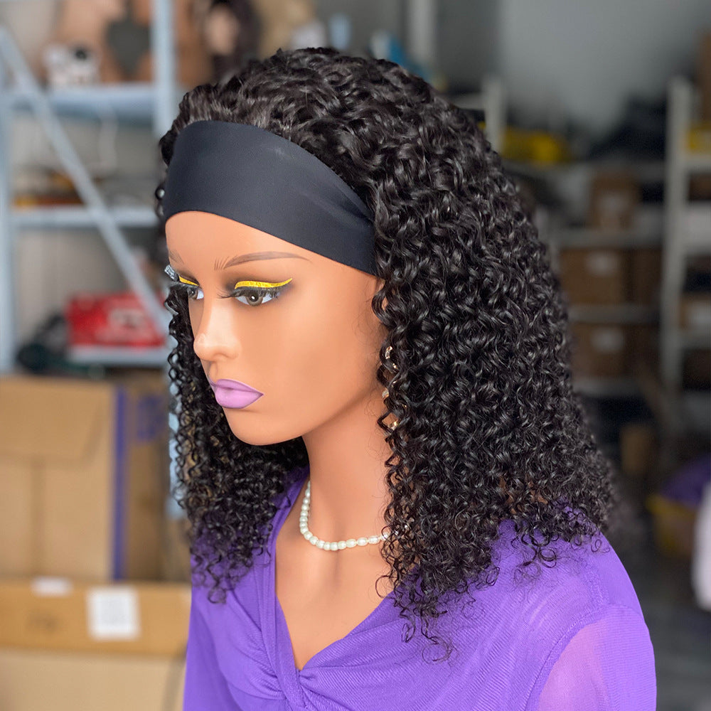 200% Density Curly Human Hair Headband Wig